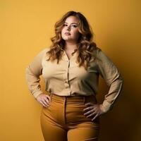 portrait of a beautiful plus size woman posing against yellow background generative ai photo