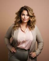 portrait of a beautiful plus size woman posing against a beige background generative ai photo
