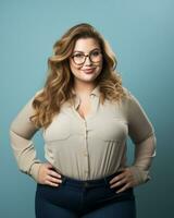 portrait of a beautiful plus size woman with glasses standing on a blue background generative ai photo