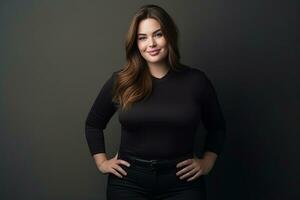 portrait of a beautiful young woman in black shirt and black pants standing in front of gray background generative ai photo
