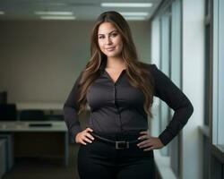 portrait of a business woman standing in an office with her hands on her hips generative ai photo