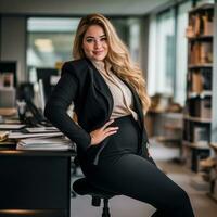 retrato de un mujer de negocios sentado a su escritorio en un oficina generativo ai foto