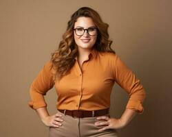 portrait of a business woman with glasses standing on brown background generative ai photo