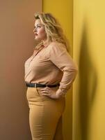 portrait of a plus size woman standing against a yellow wall with her hands on her hips generative ai photo