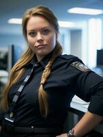 portrait of a female police officer in uniform standing in an office generative ai photo