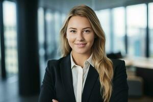 portrait of business woman with arms crossed in office generative ai photo