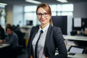 portrait of smiling business woman in office stock photo generative ai