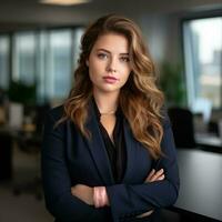 portrait of young businesswoman standing in an office with her arms crossed generative ai photo