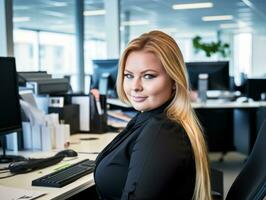 retrato de joven mujer de negocios sentado a su escritorio en un oficina generativo ai foto