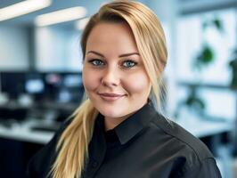 portrait of smiling business woman in office stock photo generative ai