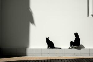 silueta de un mujer sentado en un pared con un negro gato generativo ai foto