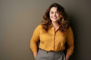 smiling woman in yellow shirt and grey pants standing in front of brown wall generative ai photo