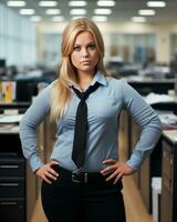 el mujer es vistiendo un azul camisa generativo ai foto