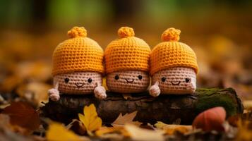 three crocheted baby gnomes sitting on a log generative ai photo
