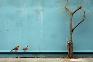 three birds sitting on a wall next to a tree generative ai photo
