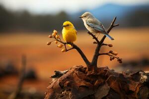 dos aves encaramado en un árbol rama generativo ai foto