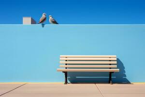 two birds sitting on a bench in front of a blue wall generative ai photo