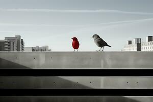 dos aves sentado en un repisa generativo ai foto