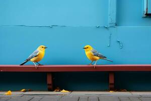 dos aves sentado en un banco siguiente a un azul pared generativo ai foto