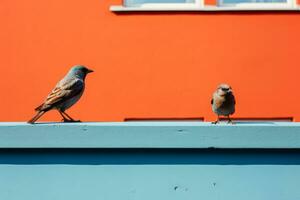 two birds sitting on a ledge next to an orange building generative ai photo