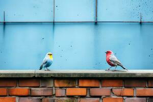 dos aves sentado en un ladrillo pared siguiente a un azul pared generativo ai foto