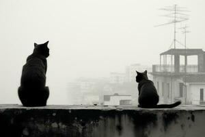 dos gatos sentado en un repisa con vista a un ciudad generativo ai foto