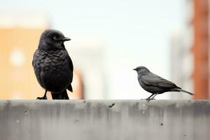dos negro aves en pie en un repisa siguiente a cada otro generativo ai foto