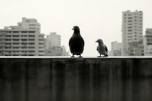 dos palomas sentado en un repisa en frente de un ciudad generativo ai foto