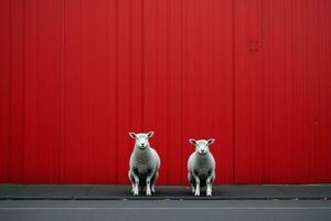 two sheep standing in front of a red wall generative ai photo