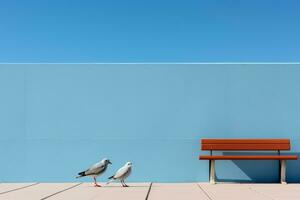 two seagulls standing next to a blue wall and a bench generative ai photo