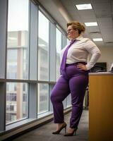 mujer vistiendo púrpura pantalones generativo ai foto