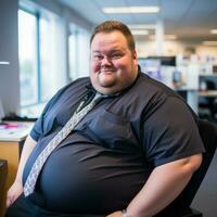 a fat man in a black shirt and tie sitting in an office generative ai photo