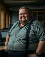 a fat man in a shirt and suspenders standing in front of a computer generative ai photo