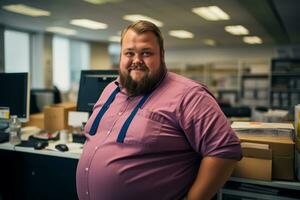 a fat man in a pink shirt standing in front of a desk generative ai photo