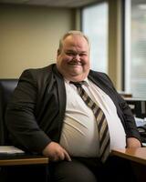 a fat man in a suit and tie sitting at a desk generative ai photo