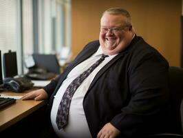 a fat man in a suit and tie sitting at a desk generative ai photo