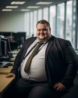 a fat man in a suit and tie sitting at a desk generative ai photo