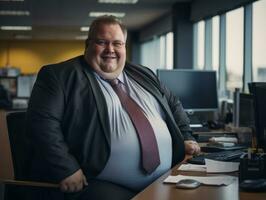 a fat man in a suit and tie sitting at a desk generative ai photo