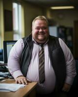 a fat man in a suit and tie sitting at a desk generative ai photo