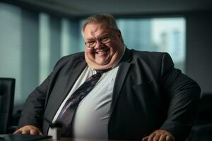 un grasa hombre en un traje y Corbata sentado a un escritorio generativo ai foto