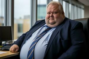 a fat man in a suit and tie sitting in front of a computer generative ai photo