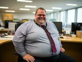 a fat man in a tie sitting in an office generative ai photo