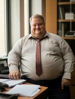 a fat man in a tie sitting at his desk generative ai photo