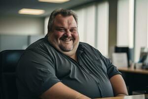 a fat man sitting at a desk in an office generative ai photo