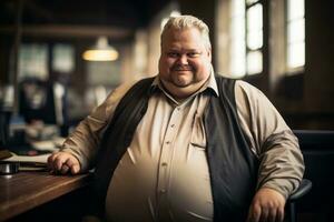 a fat man sitting at a desk in an office generative ai photo