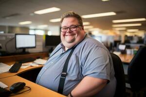 a fat man sitting at a desk in an office generative ai photo
