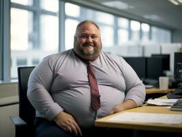 un grasa hombre sentado a un escritorio en un oficina generativo ai foto
