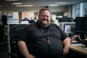 a fat man sitting at a desk in an office generative ai photo