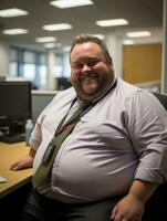 a fat man sitting at a desk in an office generative ai photo