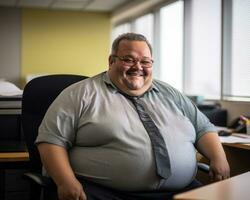 a fat man sitting at a desk in an office generative ai photo